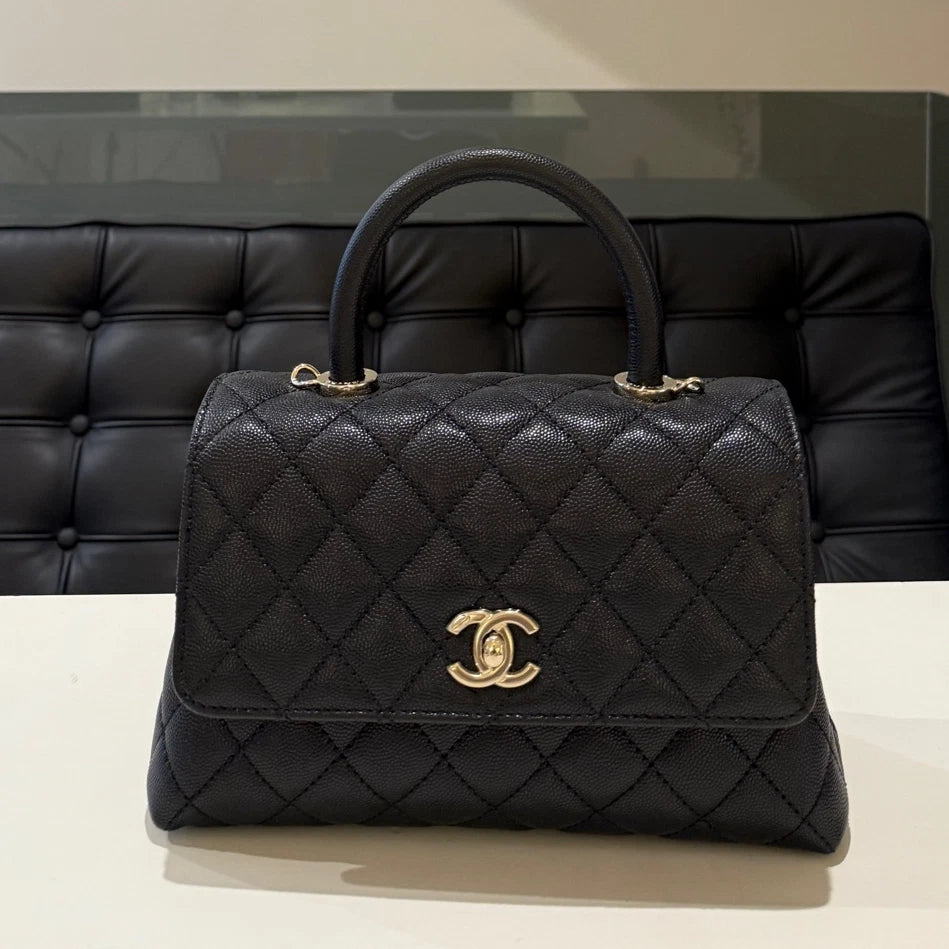 Chanel Coco Handle Quilted Chain Shoulder Bag Black Gold Women