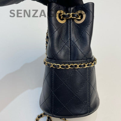 Chanel 25C Black Gold Lambskin Chain Bucket Bag Classic Women's Crossbody