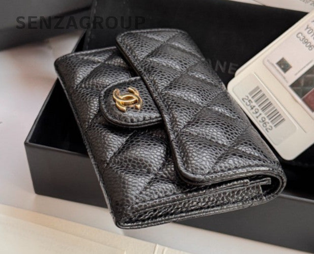 CHANEL Classic Flap Black gold litchi cowhide card case Coin purse women