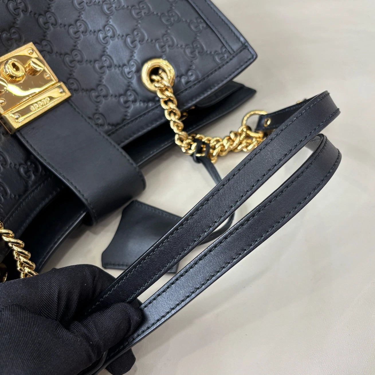 Authentic Gucci Padlock GM Calfskin Gold Chain Black Tote Shoulder Bag