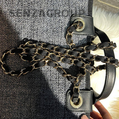 Chanel Large Black Gray Woven Tote Beach Bag Classic Women's Handbag
