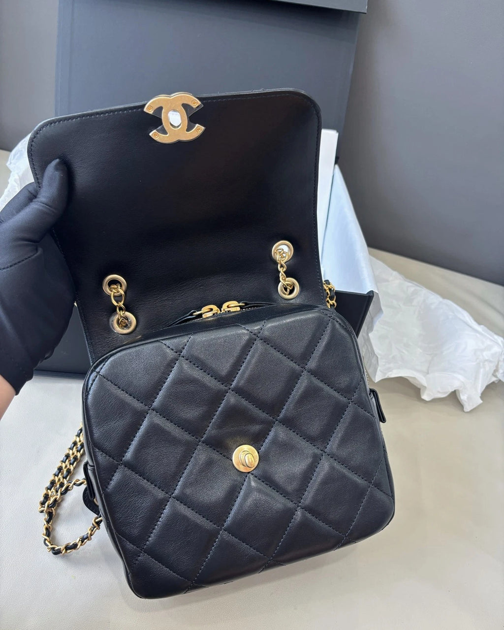 Excellent Chanel Ado Lambskin Gold Chain Black Diamond Backpack Chip Version