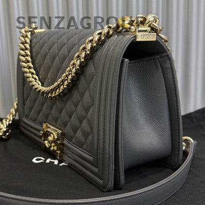 Chanel Le Boy Medium Grey Gold Hardware Calfskin Chain Shoulder Bag