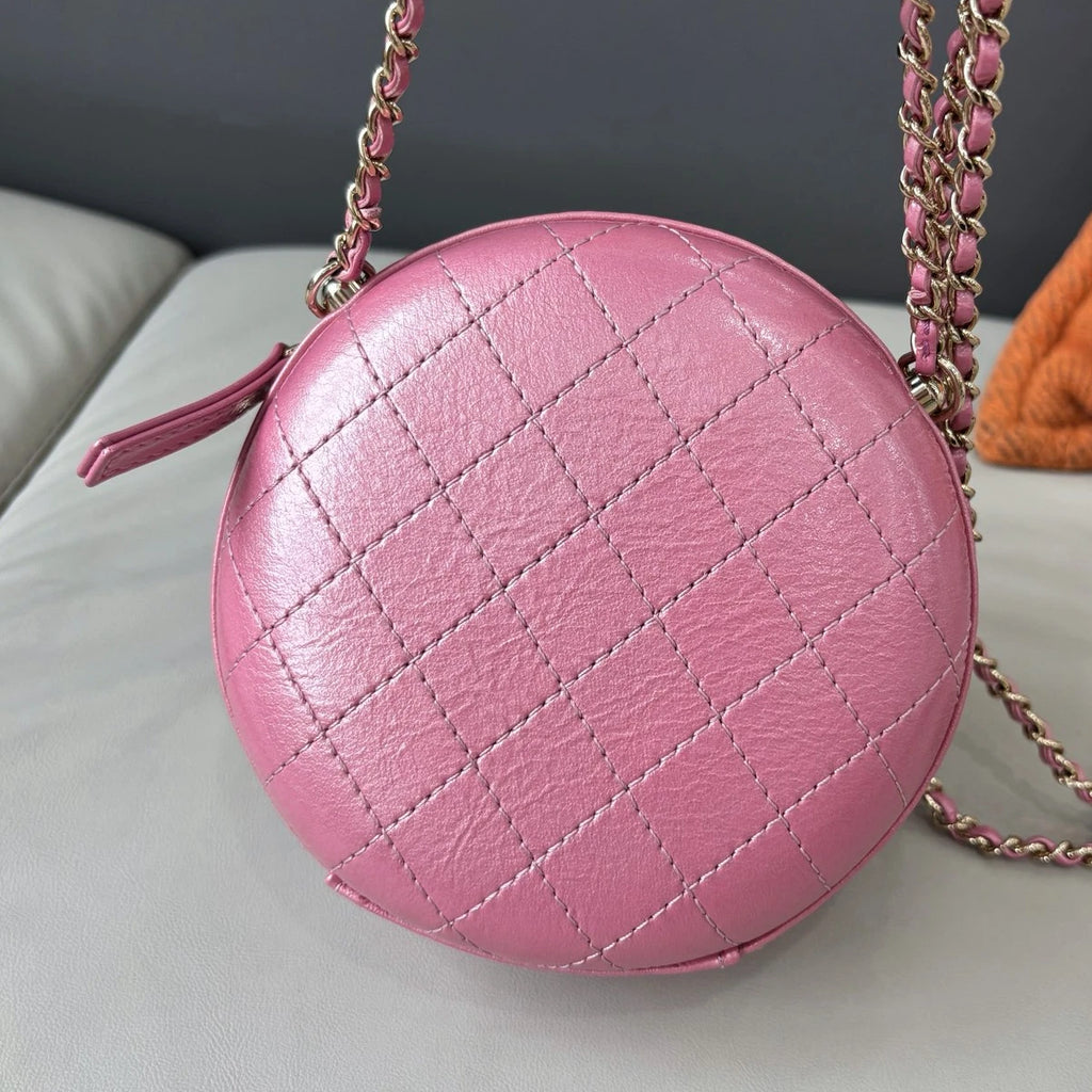 Chanel Diamond Chain Round Bag Crossbody Pink Gold Used Women Classic
