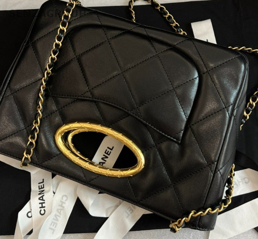 Chanel 24B 2Way Top Handle Bag Chain Crossbody Black Gold Women Classic