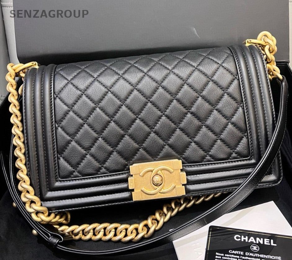 Chanel Leboy MM Chain Calfskin Crossbody Shoulder Bag Diamond Black Gold Women