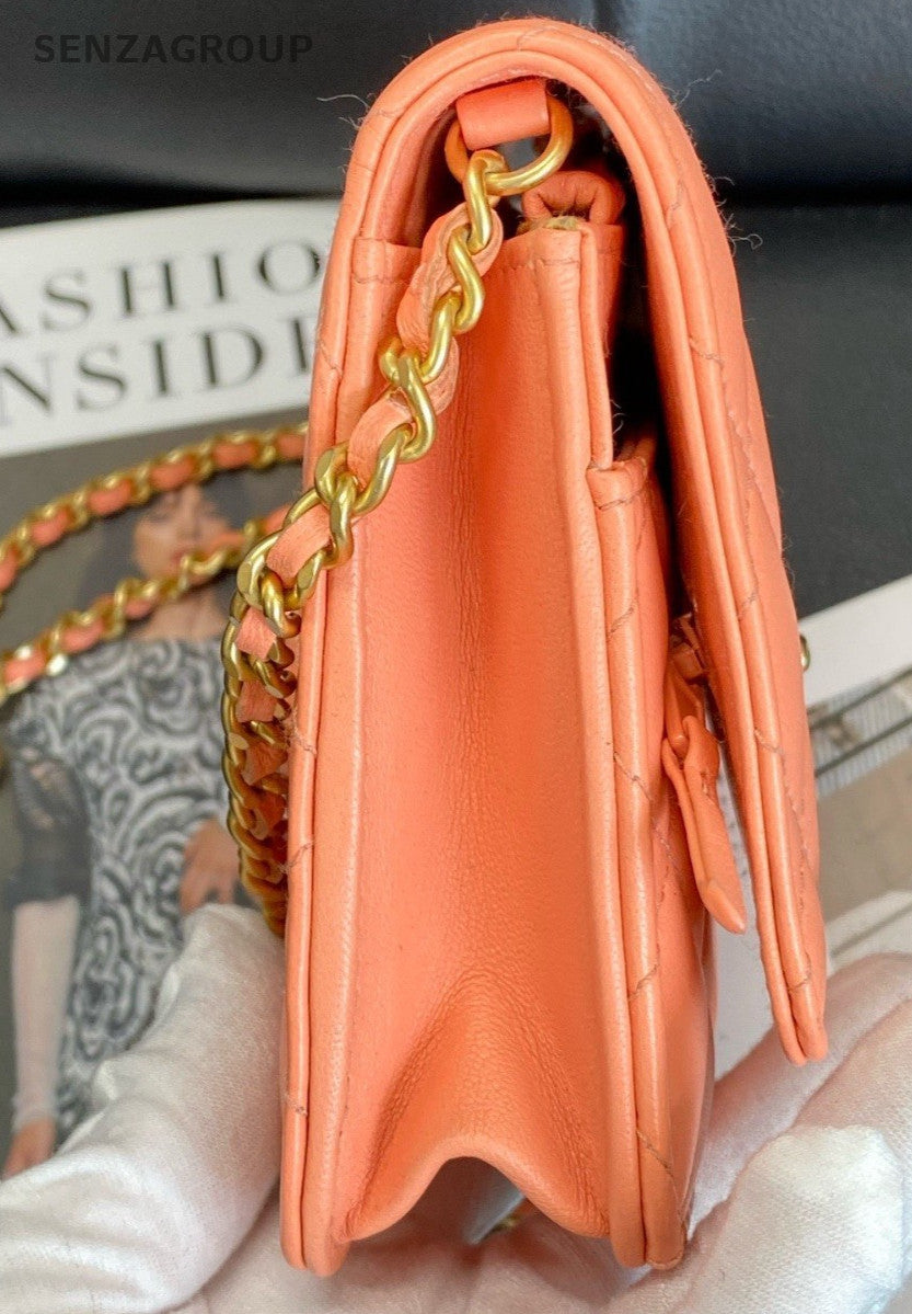 CHANEL WOC Diamon Pattern Chain Shoulder Bag Crossbody Orange Gold Women Classic