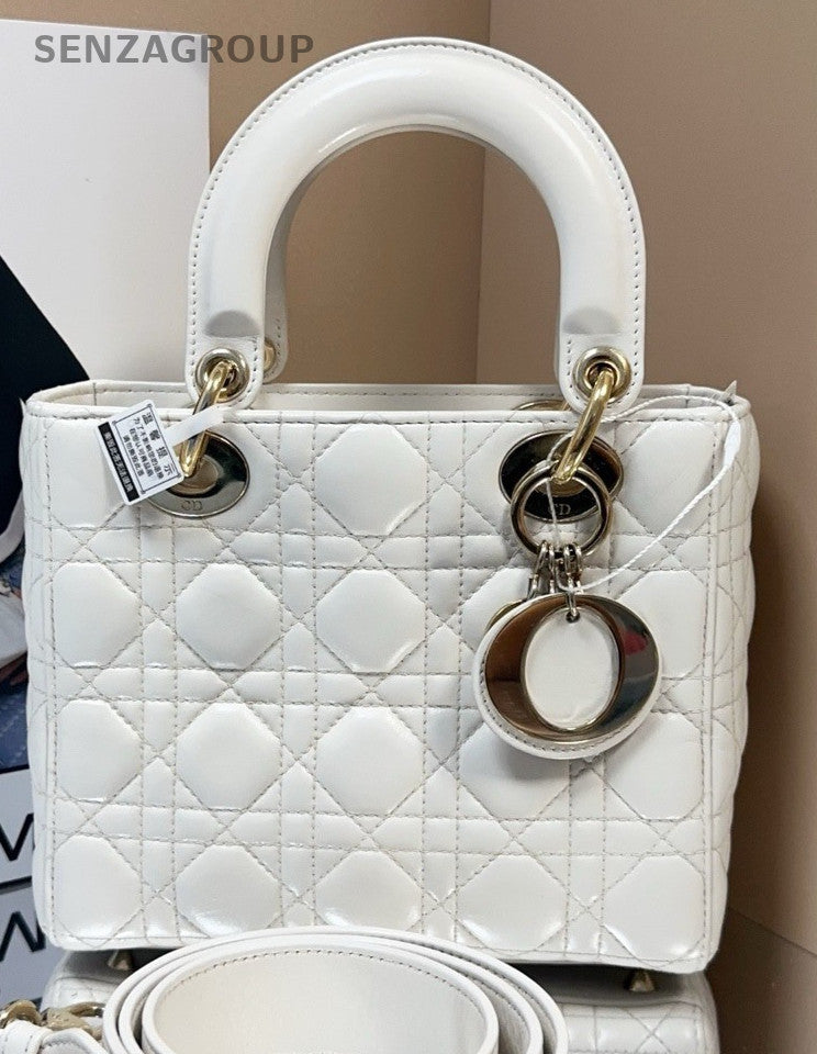 Dior Princess Diana Lambskin Leather Top Handle Bag White Gold Women Classic