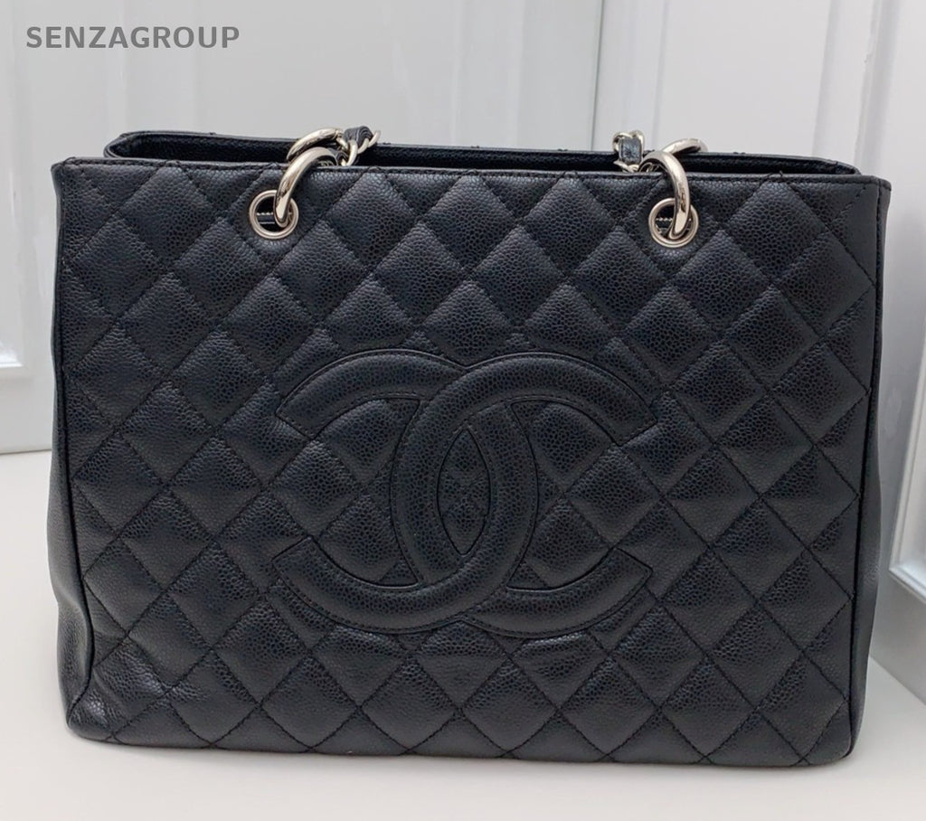 Chanel GST Chain Calfskin Shoulder Bag Black Silver Women Classic Diamond