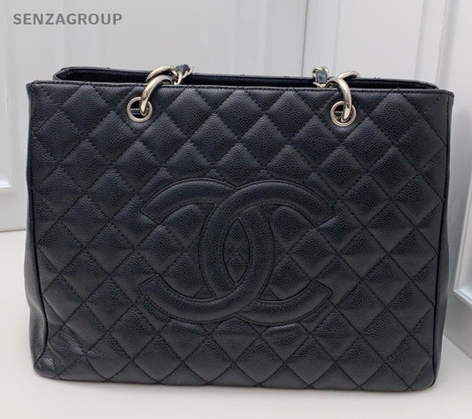 Chanel GST Chain Calfskin Shoulder Bag Black Silver Women Classic Diamond