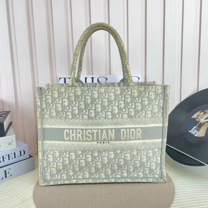 Dior Gray Embroidered Canvas Medium Book Tote Bag For Women