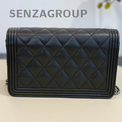 Chanel Black Silver Calfskin Le Boy WOC Chain Crossbody Bag Quilted Classic