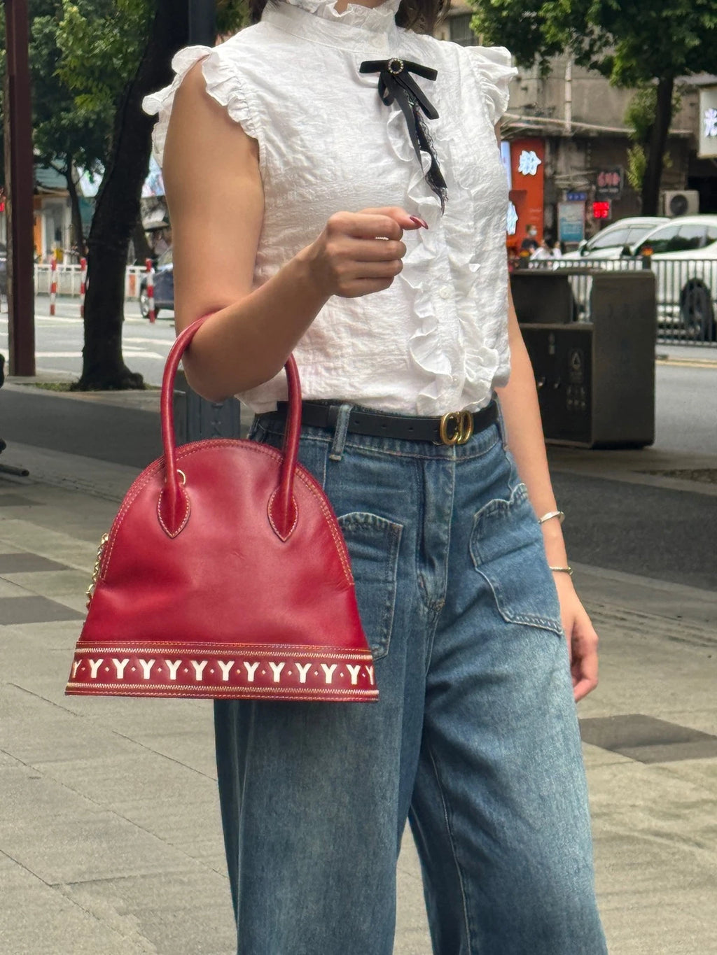 YSL Red White Y Line Shell Shoulder Handbag For Women