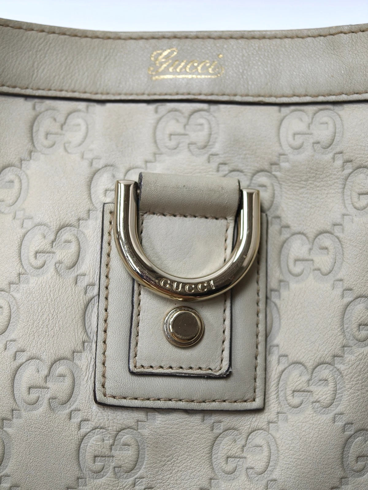 Gucci Abbey D-Ring Tote Handbag Shoulder Bag Ivory Gold Women Classic
