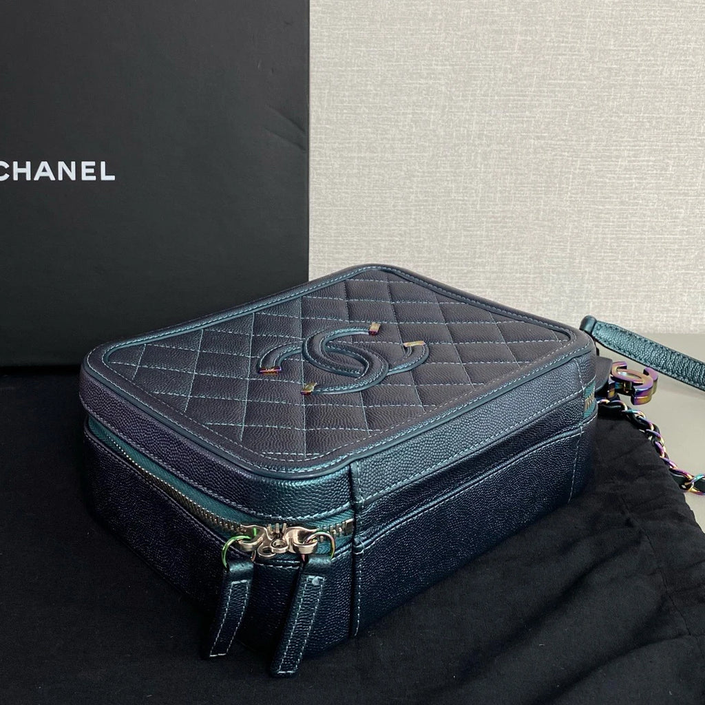 Chanel Vanity Case Chain Top Handle Crossbody Blue Iridescent Metallic Women
