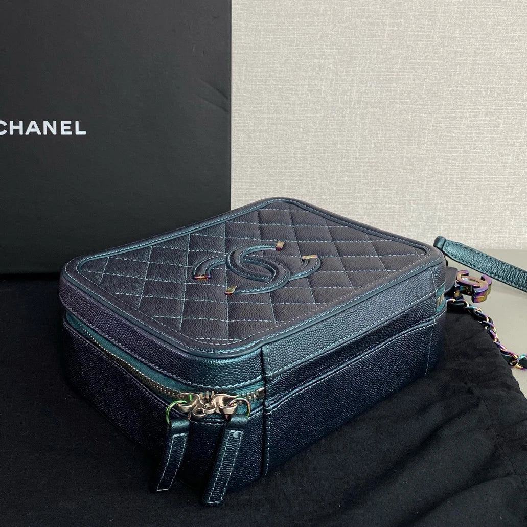 Chanel Vanity Case Chain Top Handle Crossbody Blue Iridescent Metallic Women