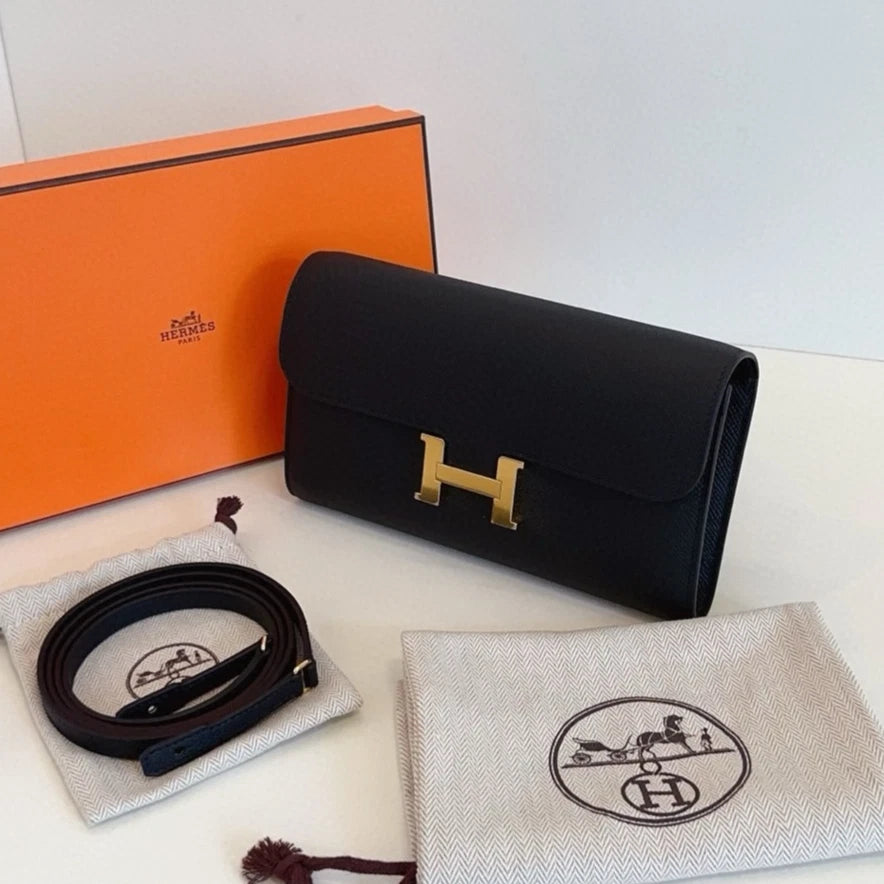 Hermes Constance Togo Clutch Shoulder Bag Black Gold Women Classic Fashion
