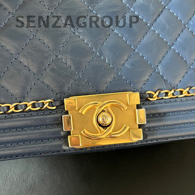 Chanel Le Boy MM Blue Gold Quilted Chain Shoulder Bag - Classic & Stylish
