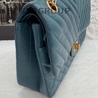 Chanel 2.55 Blue Gold Chevron Vintage Calfskin Chain Shoulder Crossbody Bag