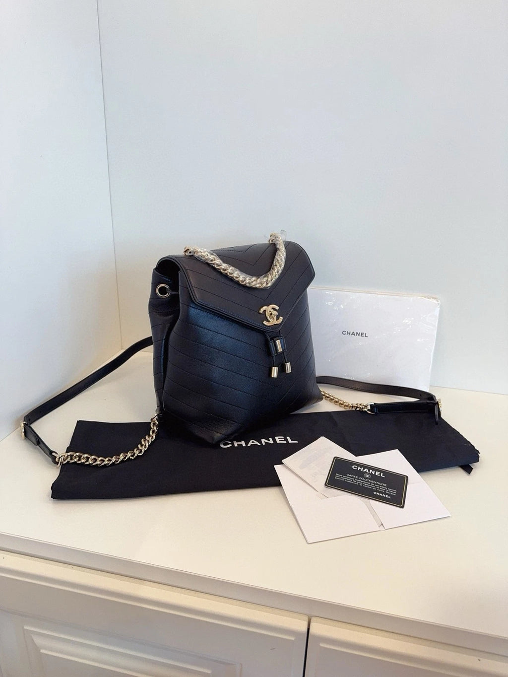 CHANEL Black Gold Calfskin V Pattern Backpack For Women