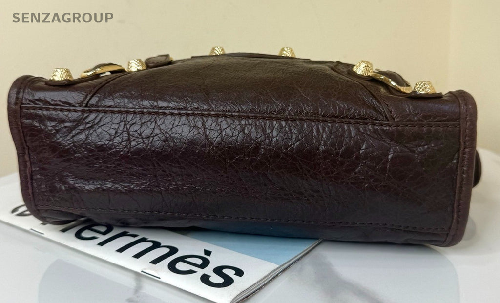 Balenciaga Mini 2Way Top Handle Bag Crossbody Brown Gold Women Classic