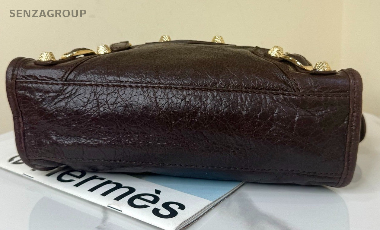 Balenciaga Mini 2Way Top Handle Bag Crossbody Brown Gold Women Classic