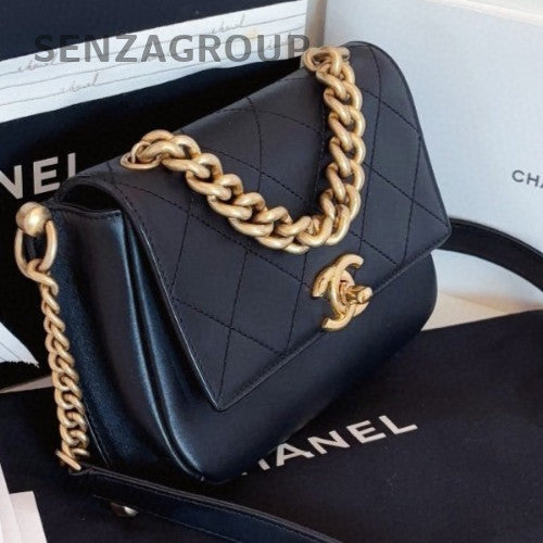 Chanel Cuba Calfskin Chain Top Handle Bag Crossbody Black Gold Women Classic