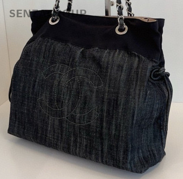 Chanel Denim Tote Chain Shoulder Bag Black Silver Used Women Classic