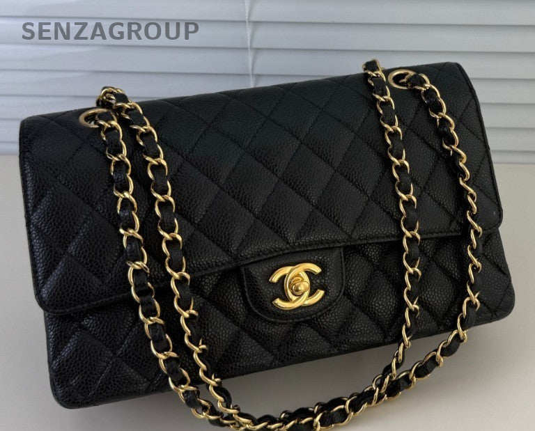 Chanel Classic Flap MM Chain Shoulder Bag Black Red Gold Used Women CC Logo