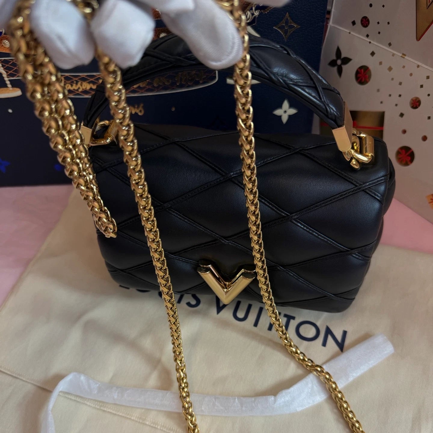 Louis Vuitton GO-14 MM Top Handle Bag Chain Crossbody Black Gold Women Classic