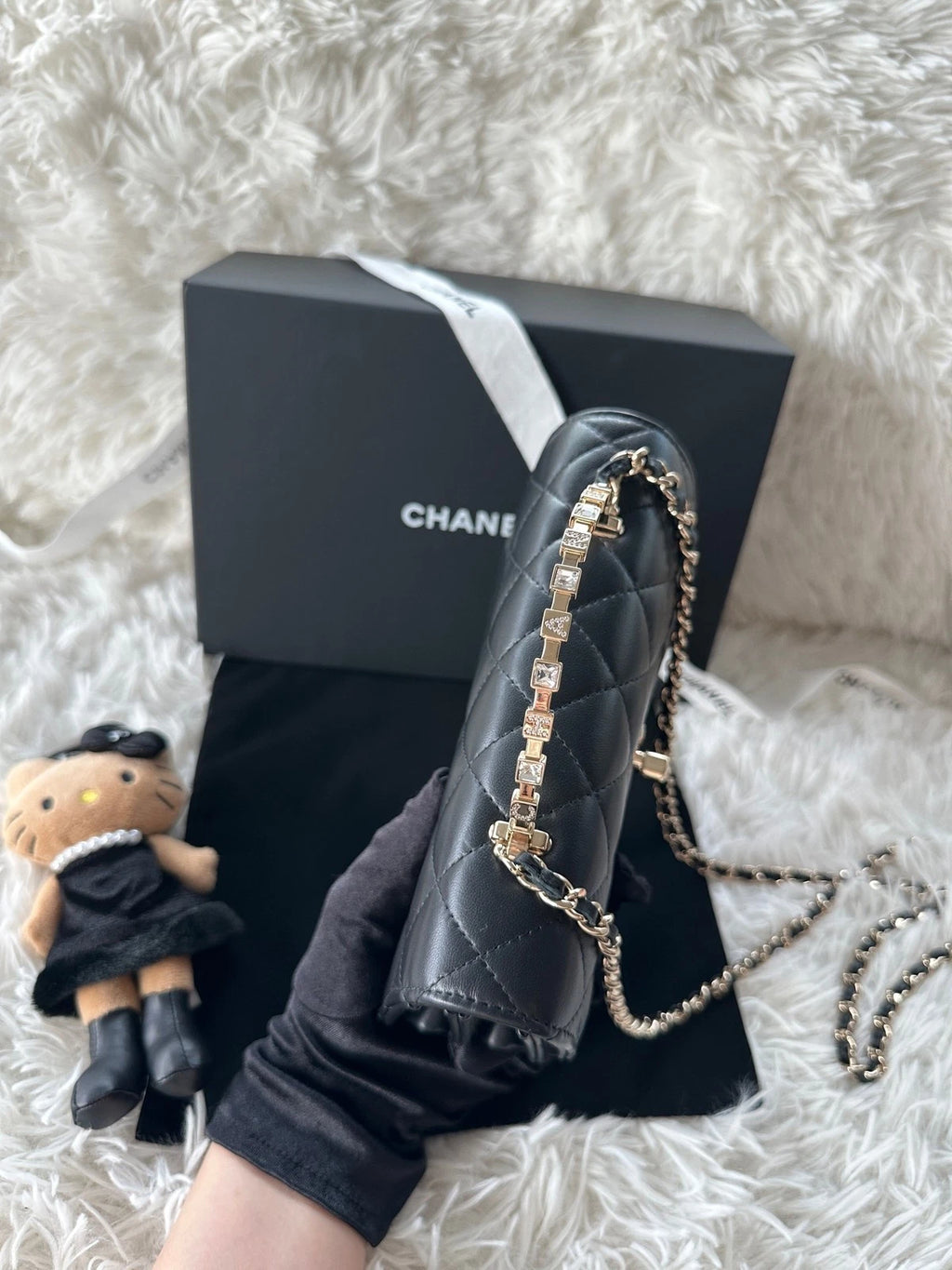 Chanel Diamond WOC Top Handle Crossbody Black Gold Women Classic