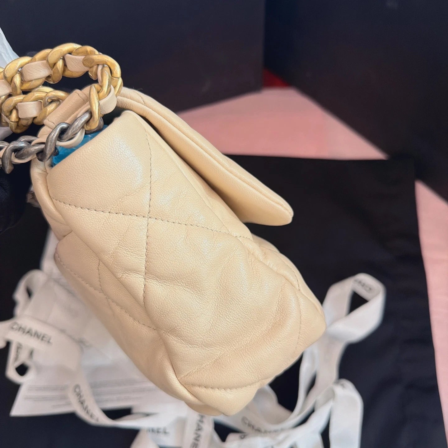 Chanel 19Bag PM Chain Shoulder Bag Crossbody Beige Gold Women Classic