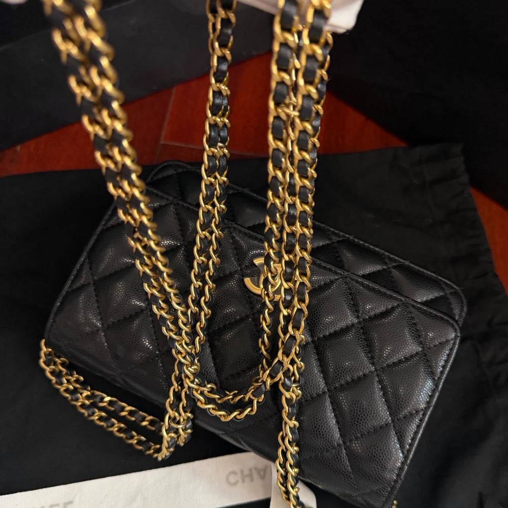 Chanel Classic Flap WOC Calfskin Chain Shoulder Crossbody Black Gold Women