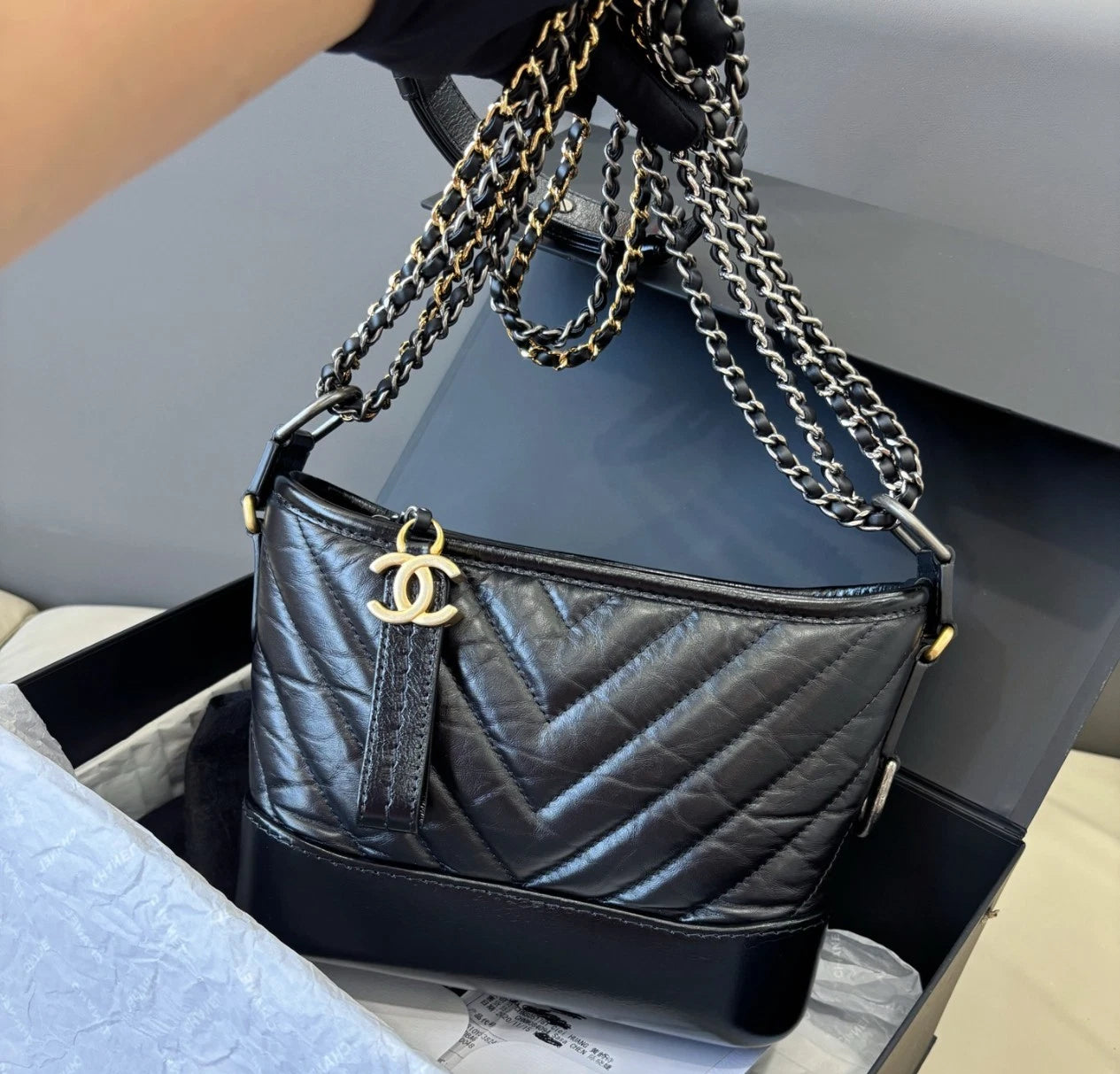 Chanel Gabrielle Chevron PM Shoulder Bag Crossbody Black Women