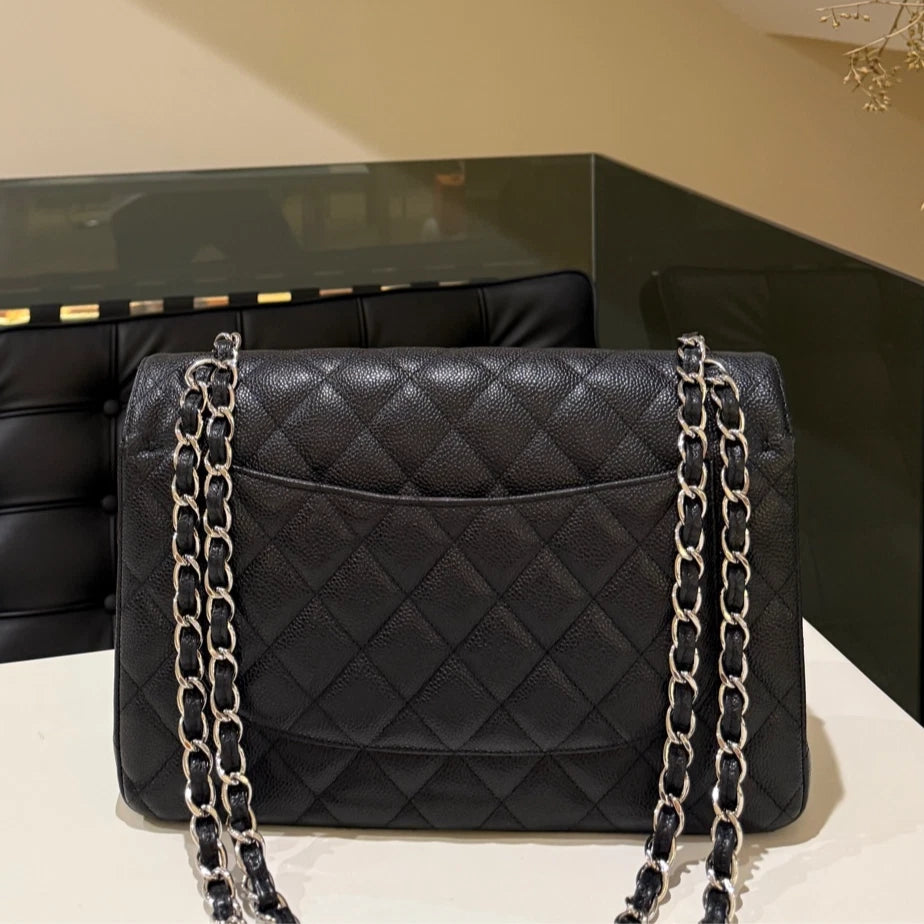 CHANEL Classic Flap Jumbo Black Caviar Leather Silver Hardware Bag