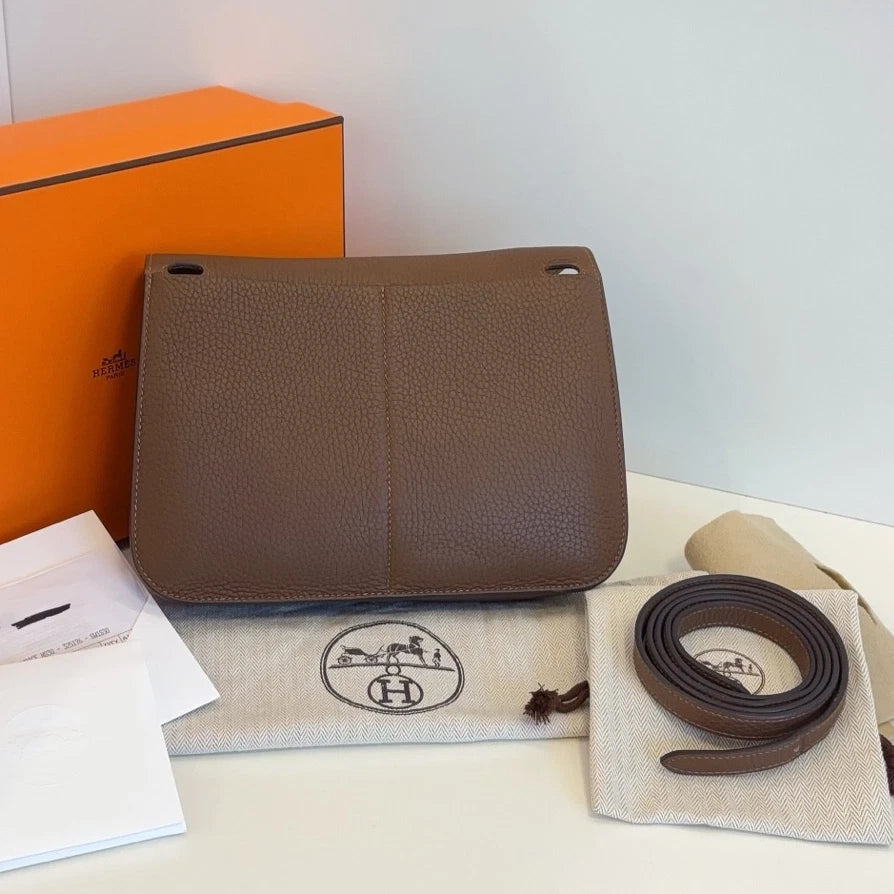 Hermes Halzan25 Shoulder Bag Crossbody Brown Silver Women Classic