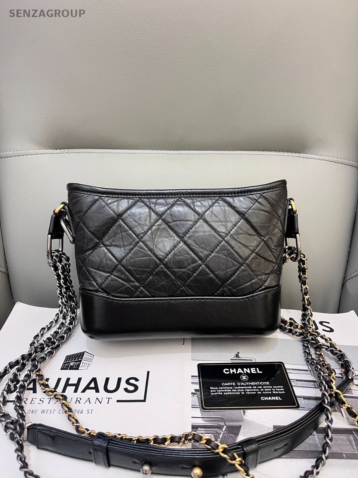 CHANEL Gabrielle PM Diamond Pattern Chain Shoulder bag Black Silver Women
