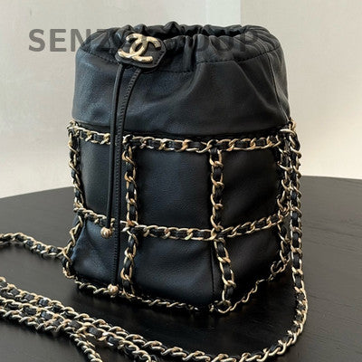 Chanel Black Silver Lambskin Drawstring Bucket Bag Chain Crossbody Women