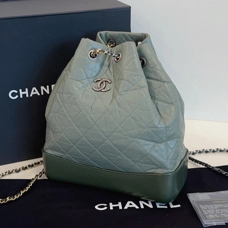 Chanel Gabrielle PM Calfskin Backpack Green Silver Diamond Women Classic