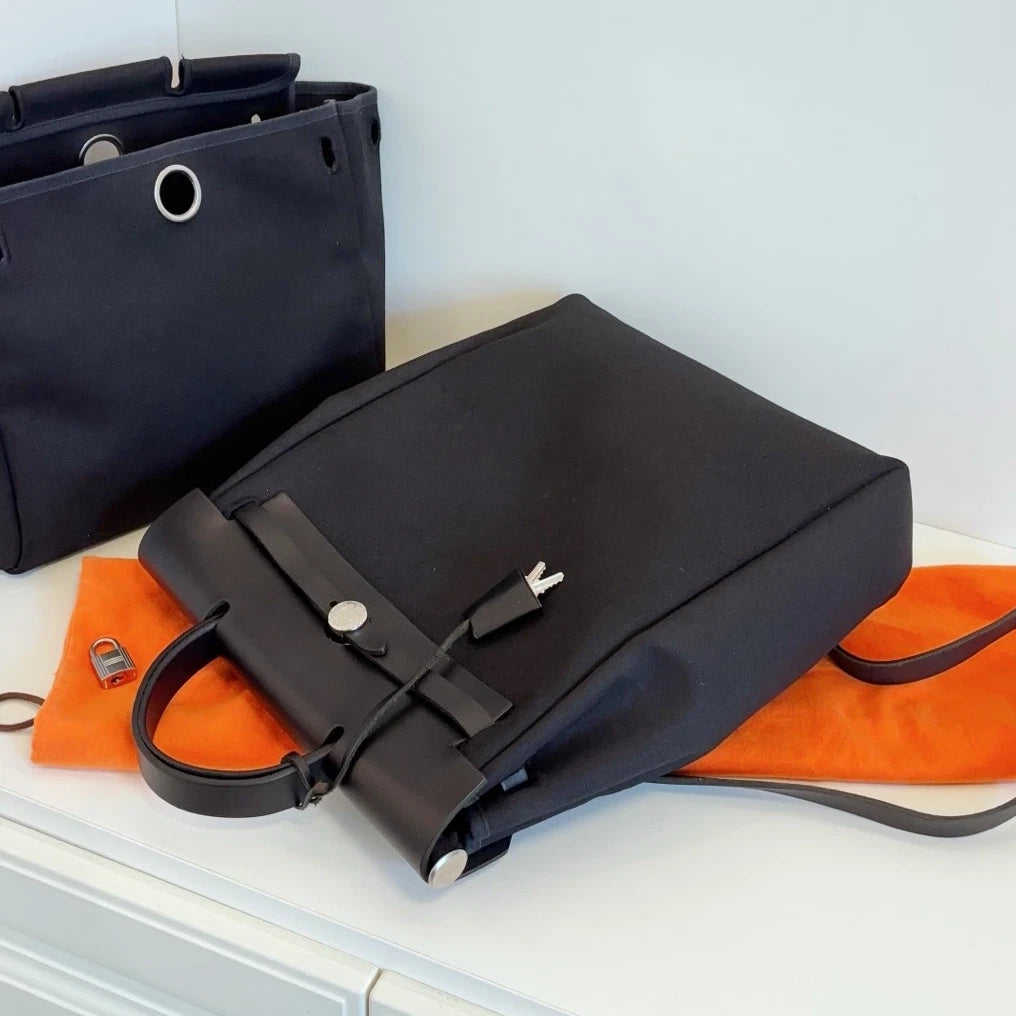 Hermes Herbag So Black Canvas Backpack Black Silver Unisex Adults Classic