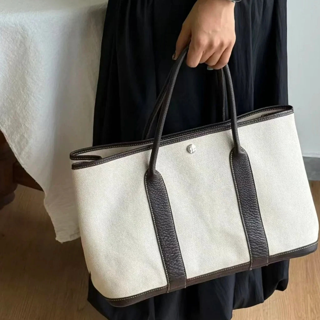 Hermes Garden Party 36 Canvas Tote Top Handle Bag Beige Black Women Classic