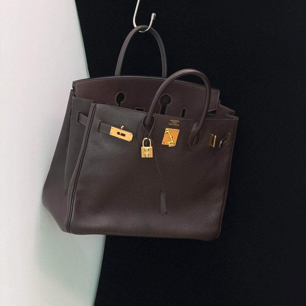 Authentic Hermes Hac 32 Ebene Epsom Leather Tote Top Handle Bag Gold Hardware