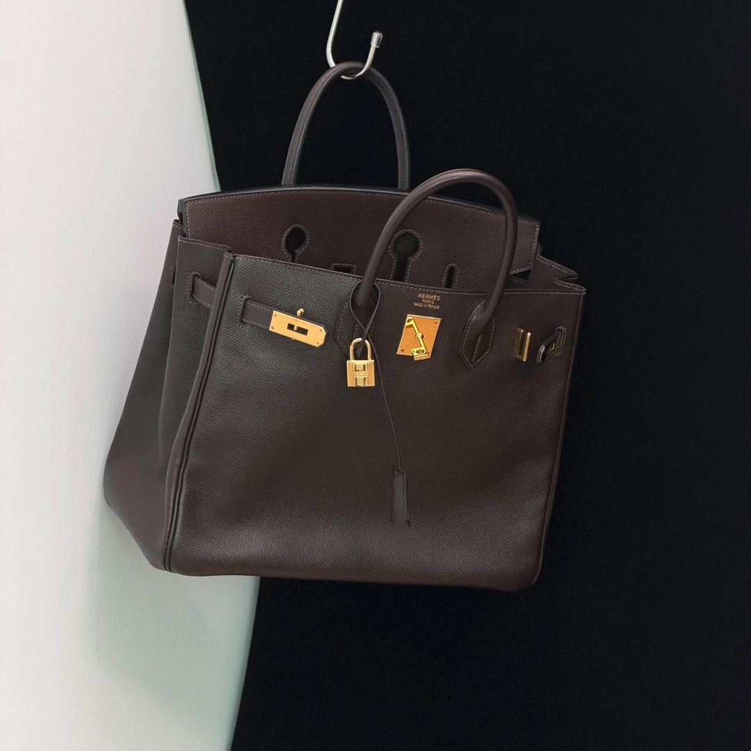 Authentic Hermes Hac 32 Ebene Epsom Leather Tote Top Handle Bag Gold Hardware
