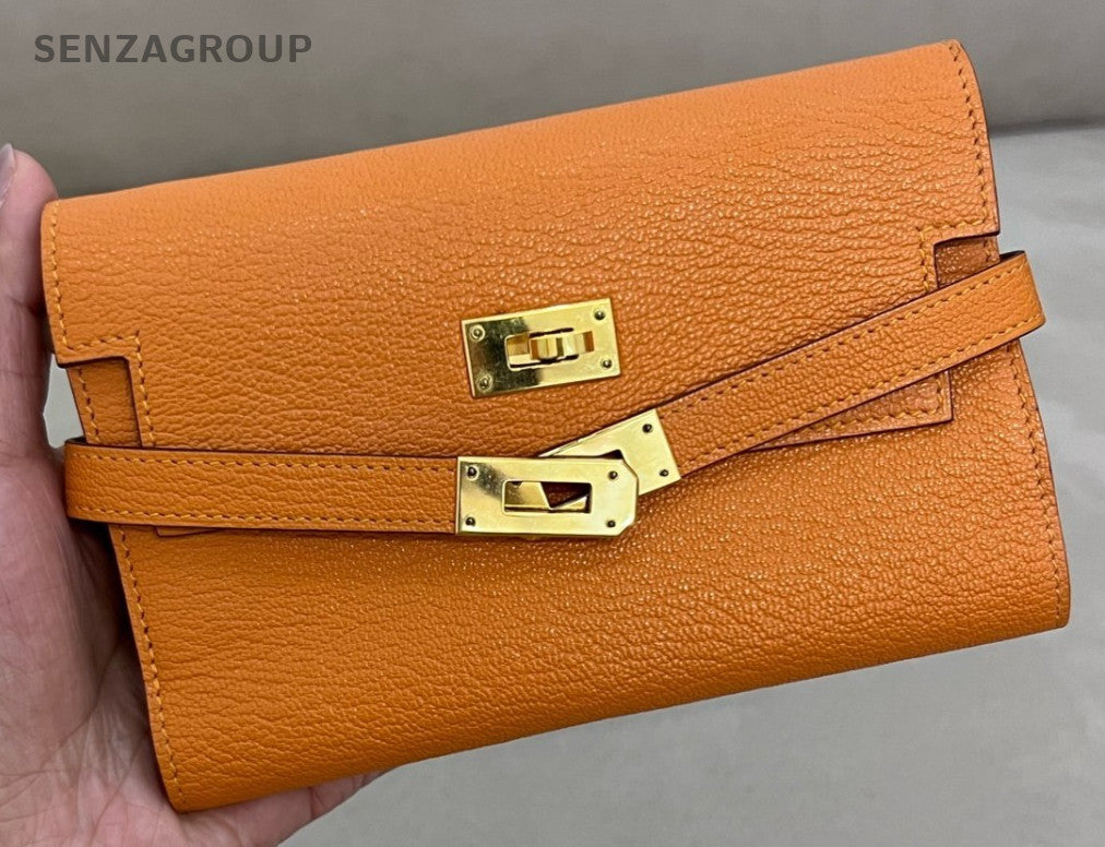 Hermes Kelly Long Wallet Lambskin Orange Gold Women