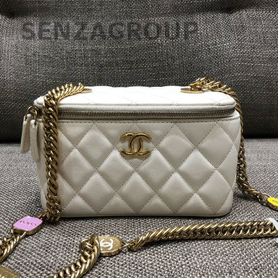 Chanel Quilted Chain Shoulder Crossbody Bag White Gold Women Classic