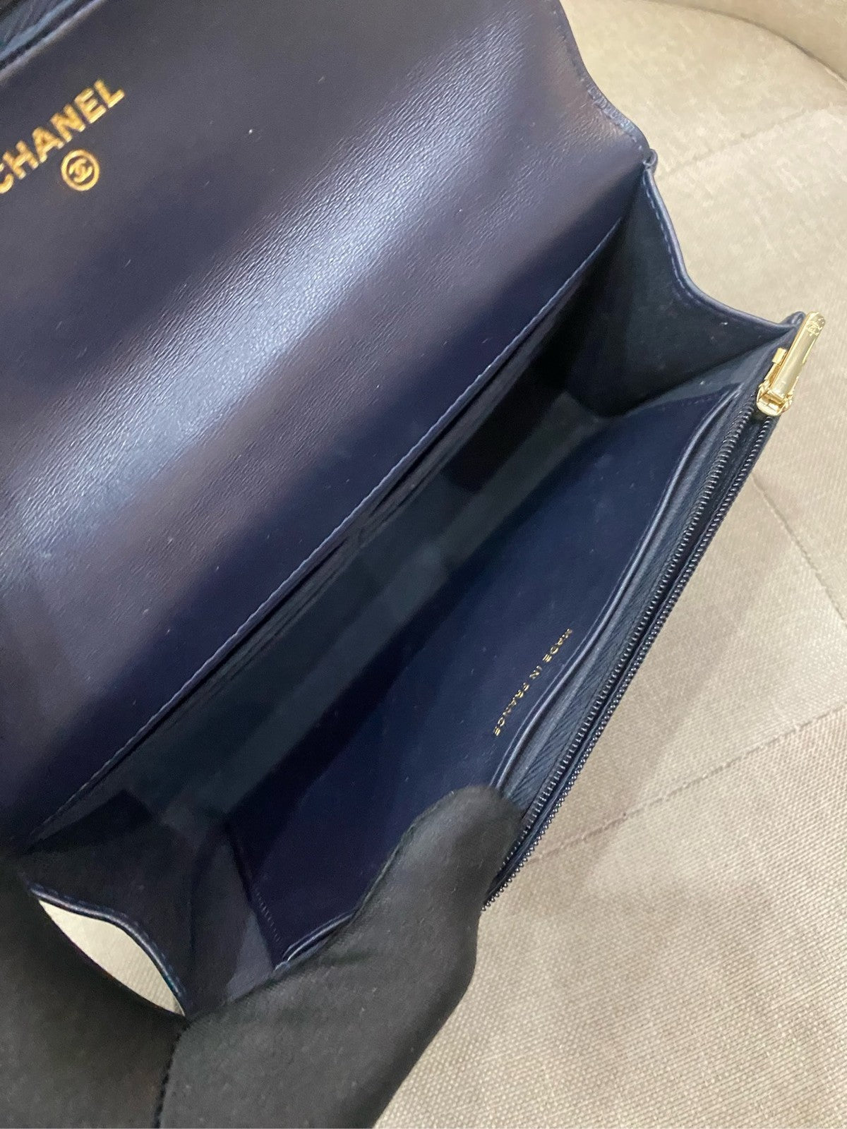 Chanel 22K Navy Blue Gold Hardware WOC Chain Crossbody Bag