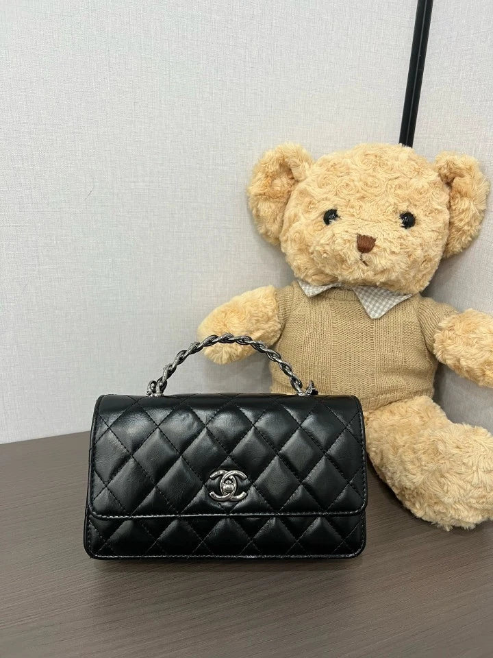 CHANEL 23K Black Silver Rhinestone Handle Accordion WOC Bag For Women