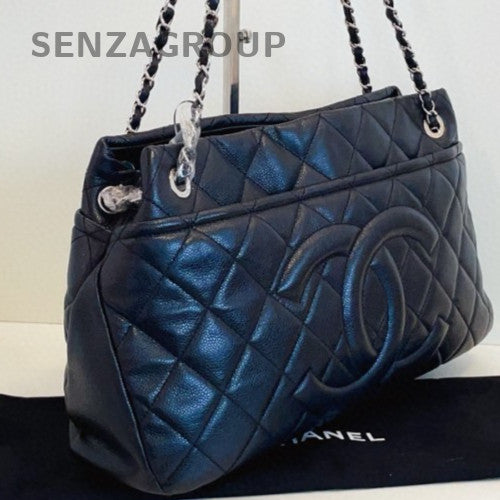 Chanel Calfskin Tote Chain Shoulder Bag Silver Black Women Classic Diamond