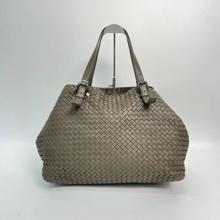 Bottega Veneta Woven Leather Green Tote Shoulder Handbag For Women Pre-owned
