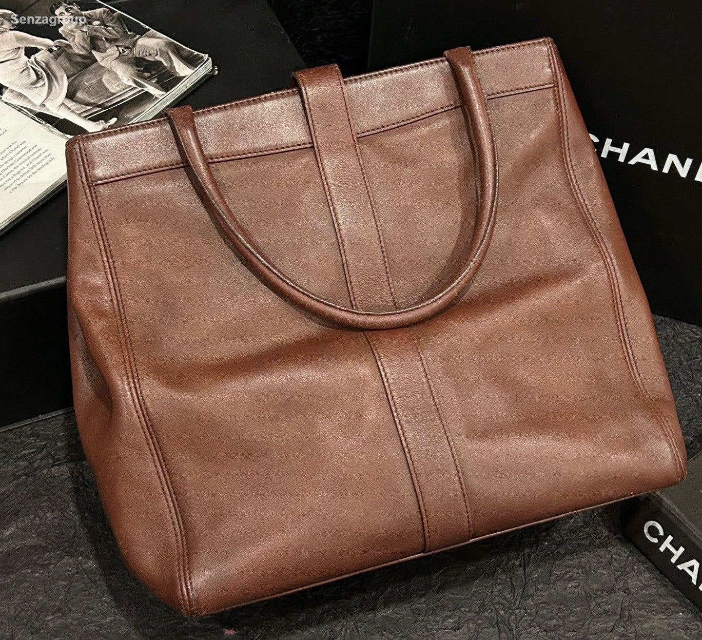 Chanel Tote Vintage Top Handle Bag Brown Black Used Women Classic